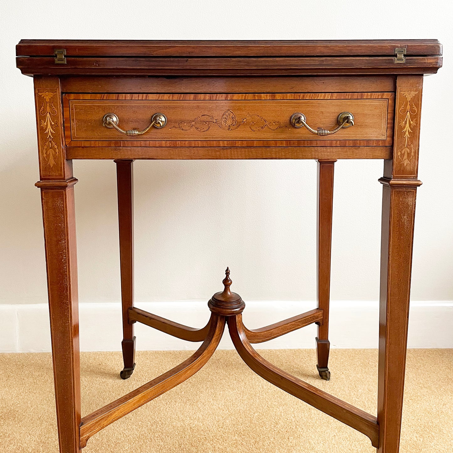 Maple & Co Satinwood Card Table With Inlaid Decoration Edwardian ANTIQUE