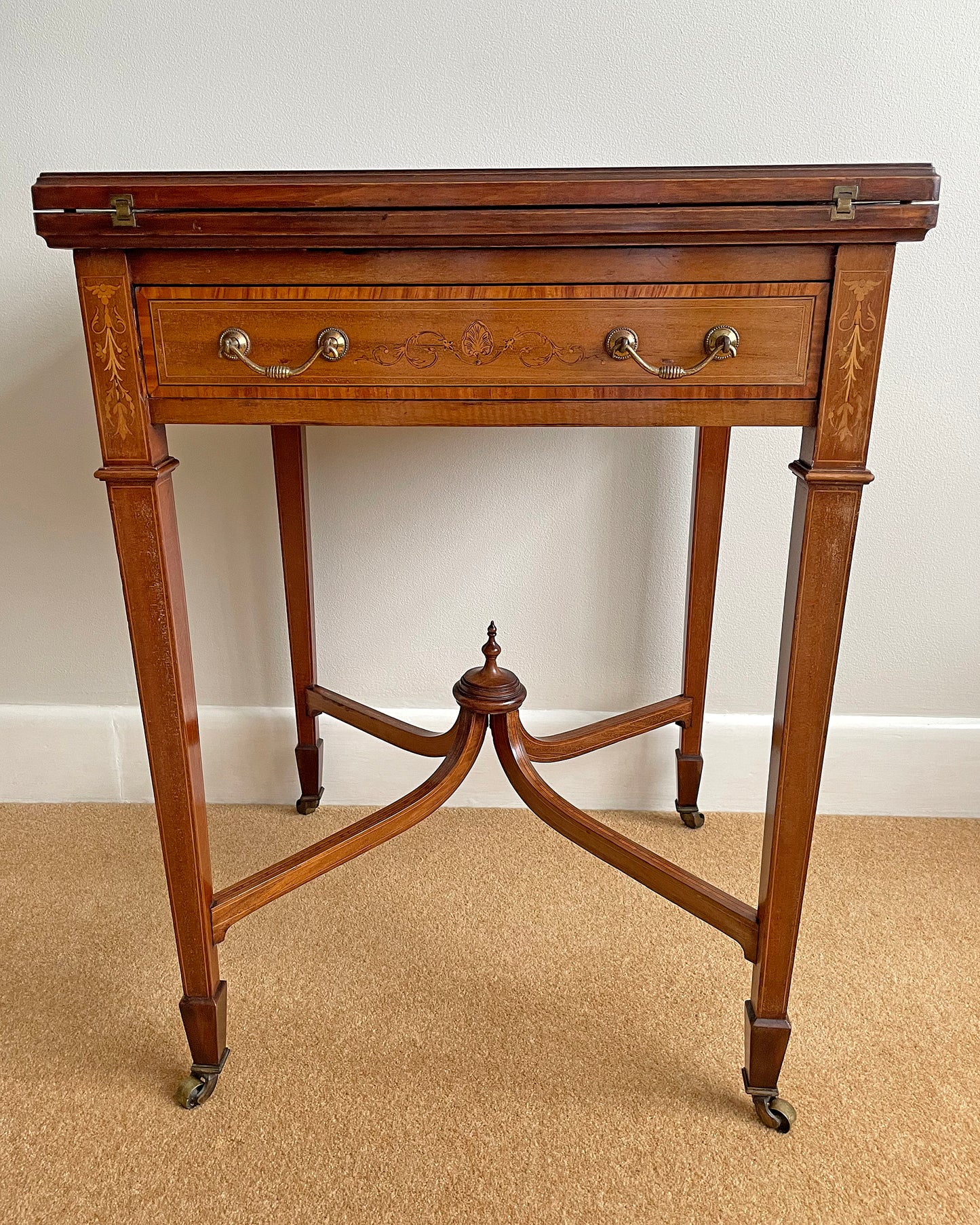 Maple & Co Satinwood Card Table With Inlaid Decoration Edwardian ANTIQUE