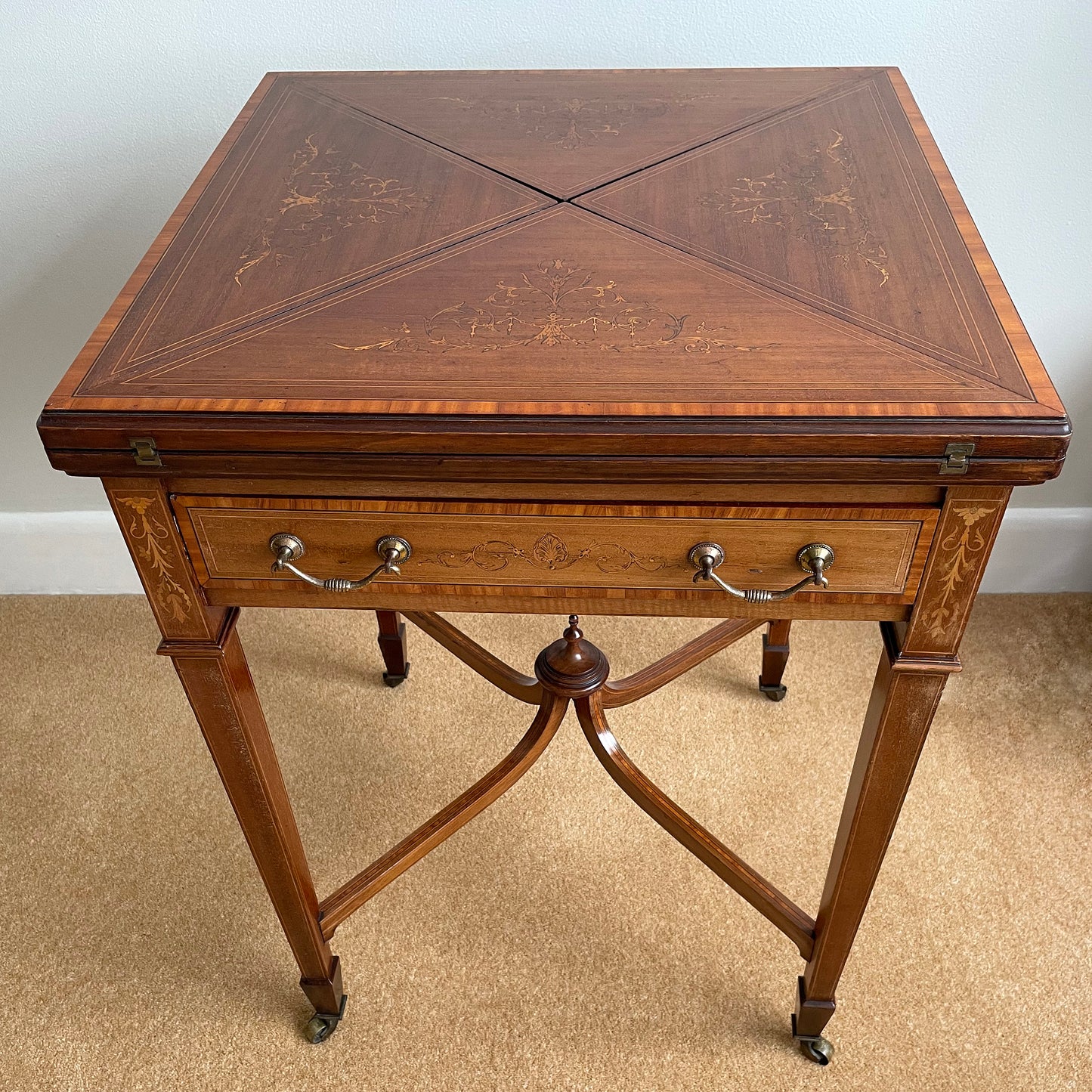 Maple & Co Satinwood Card Table With Inlaid Decoration Edwardian ANTIQUE