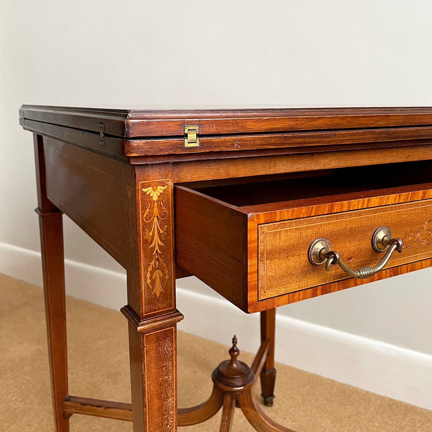 Maple & Co Satinwood Card Table With Inlaid Decoration Edwardian ANTIQUE