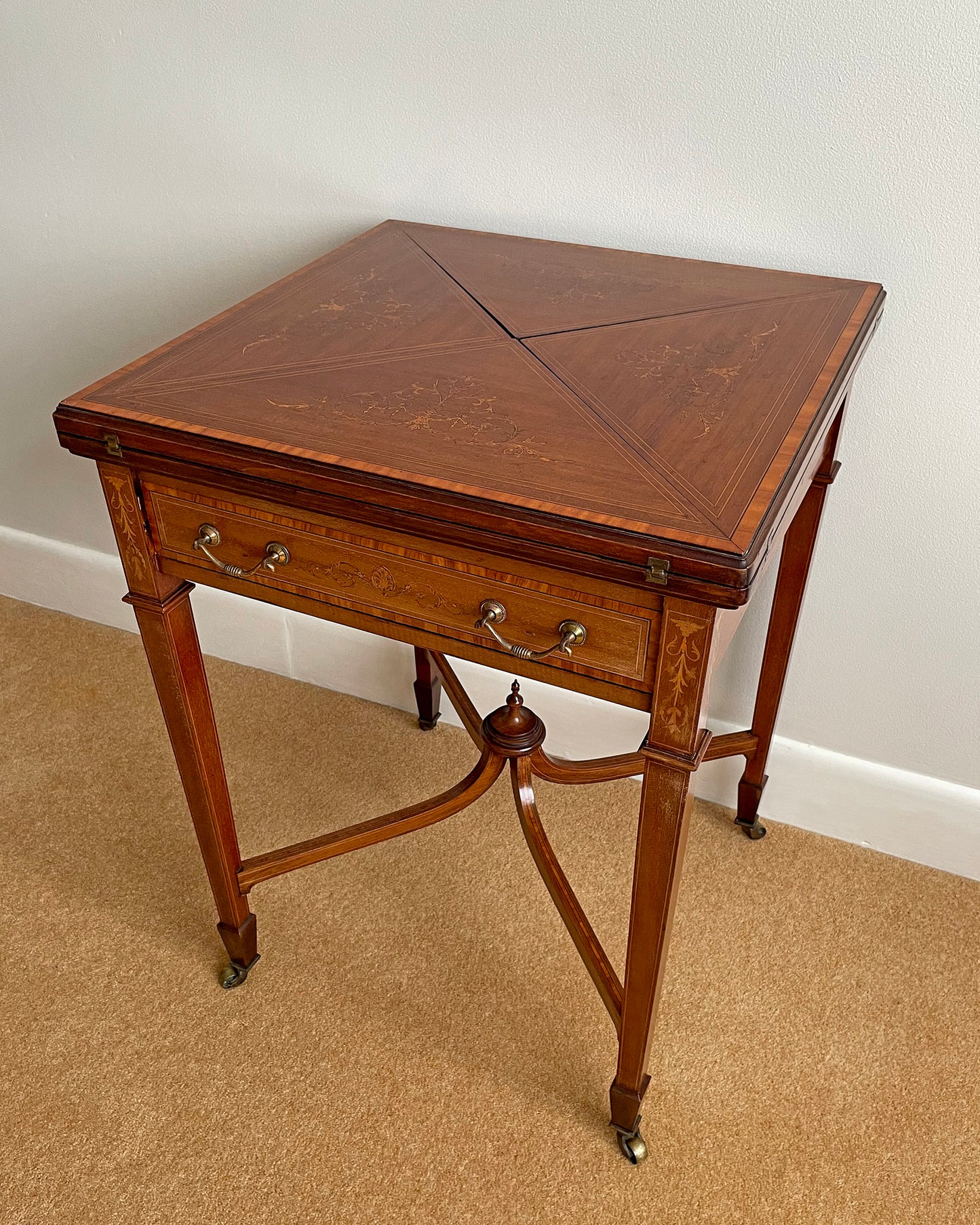 Maple & Co Satinwood Card Table With Inlaid Decoration Edwardian ANTIQUE