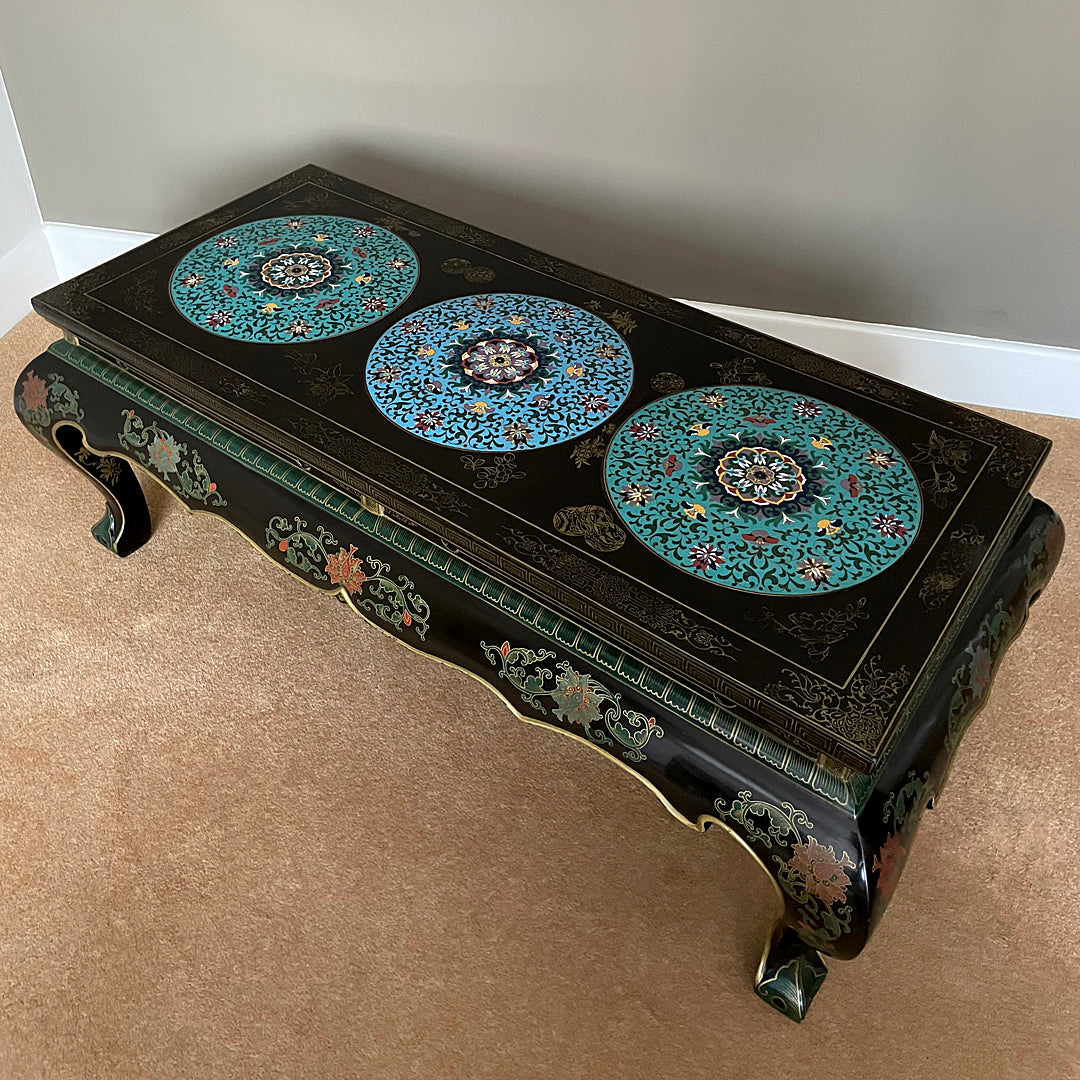 Black Lacquered Coffee Table & Inset Cloisonne Discs China 1920's ANTIQUE