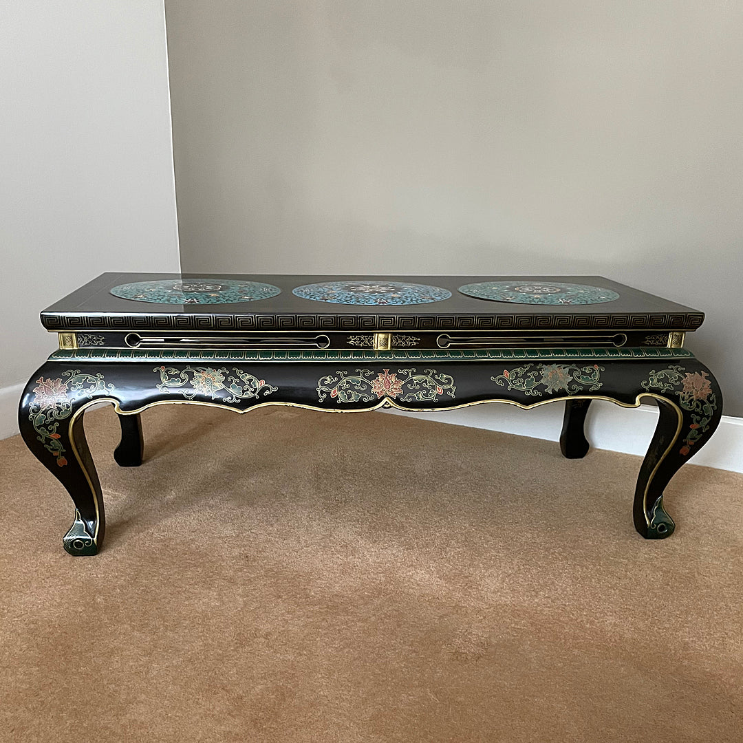 Black Lacquered Coffee Table & Inset Cloisonne Discs China 1920's ANTIQUE
