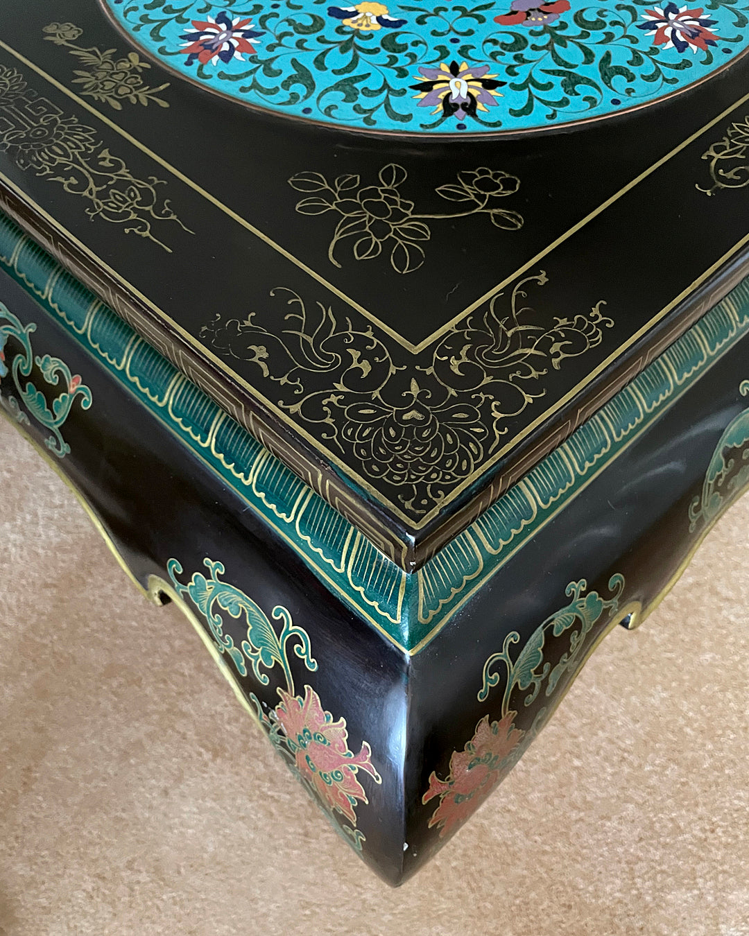 Black Lacquered Coffee Table & Inset Cloisonne Discs China 1920's ANTIQUE