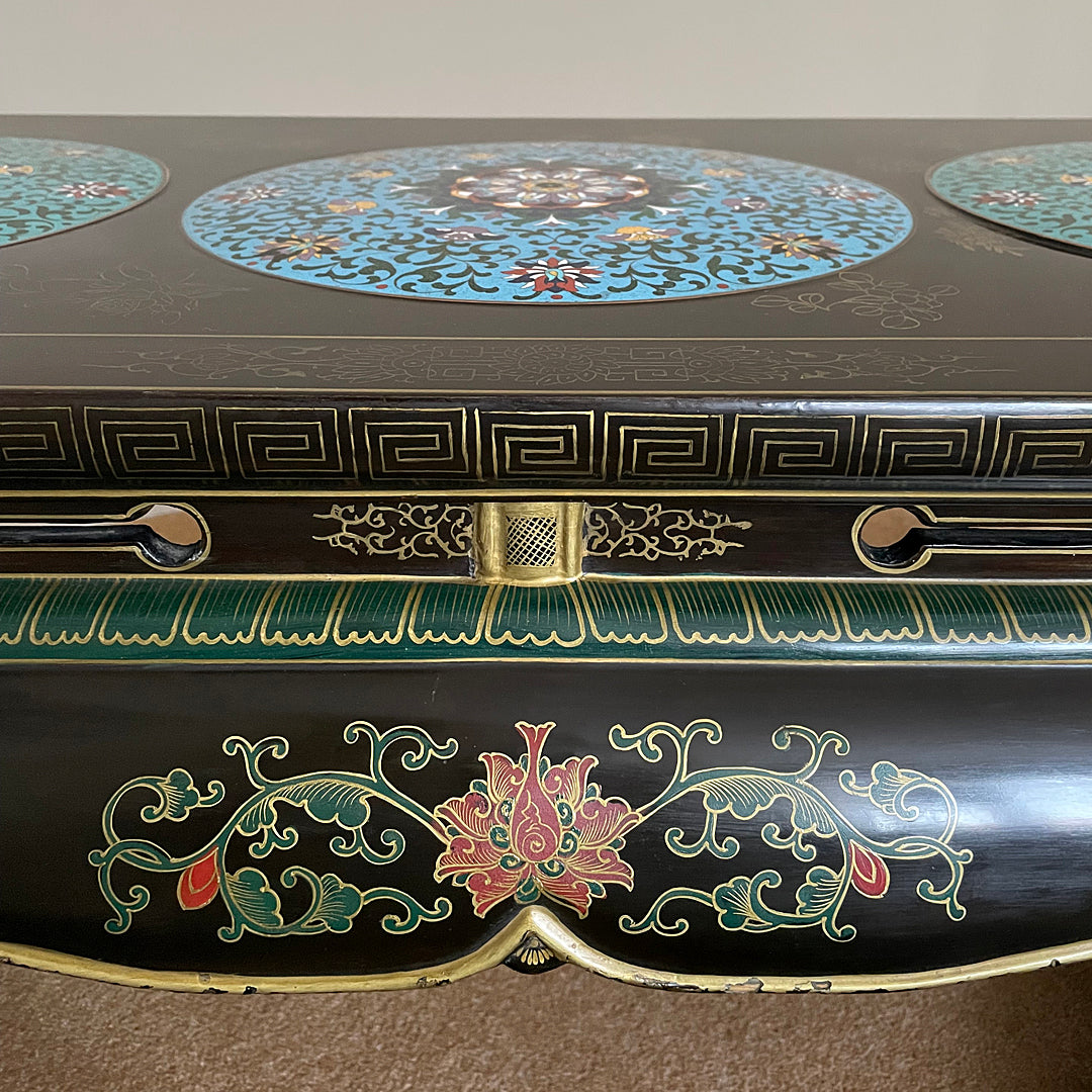 Black Lacquered Coffee Table & Inset Cloisonne Discs China 1920's ANTIQUE