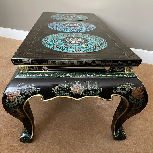 Black Lacquered Coffee Table & Inset Cloisonne Discs China 1920's ANTIQUE