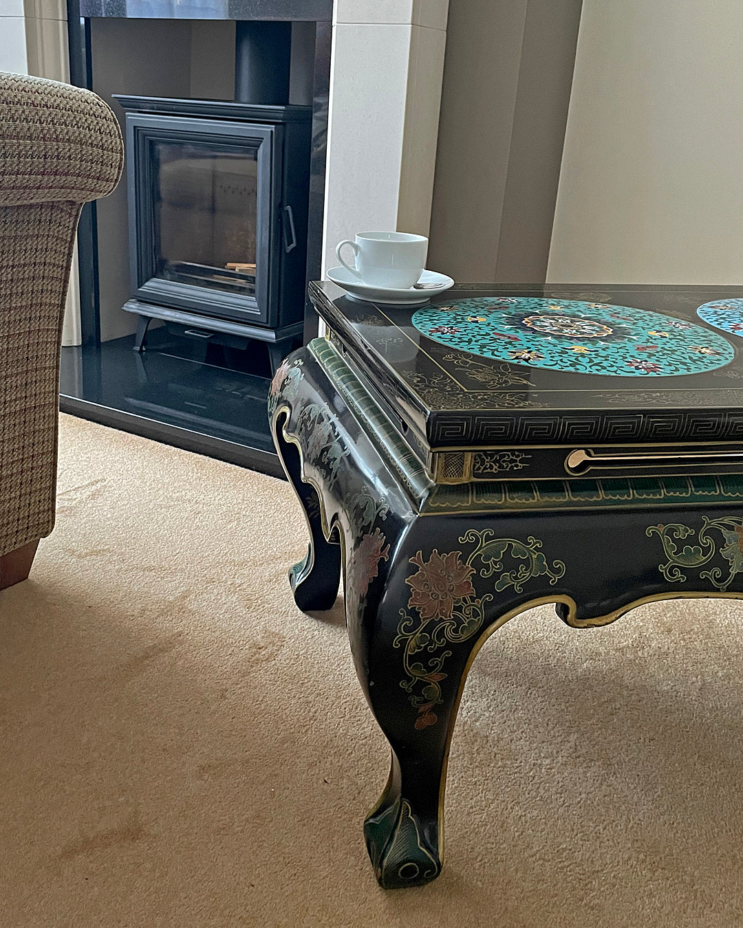 Black Lacquered Coffee Table & Inset Cloisonne Discs China 1920's ANTIQUE