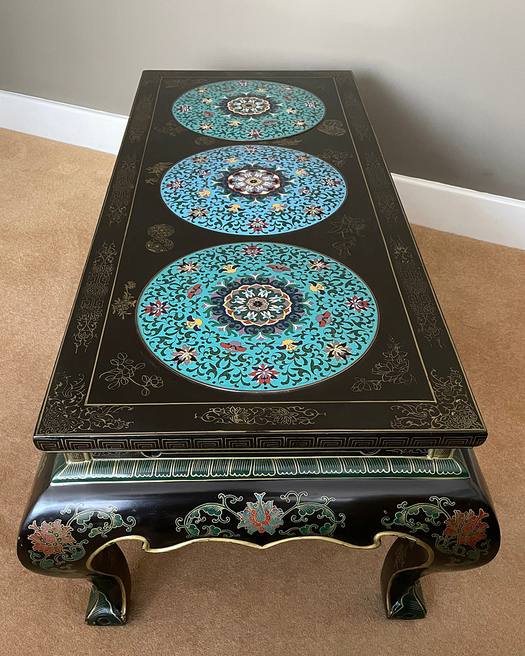 Black Lacquered Coffee Table & Inset Cloisonne Discs China 1920's ANTIQUE