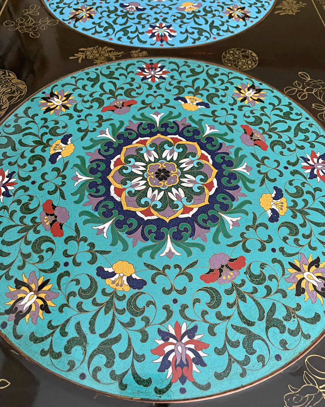 Black Lacquered Coffee Table & Inset Cloisonne Discs China 1920's ANTIQUE