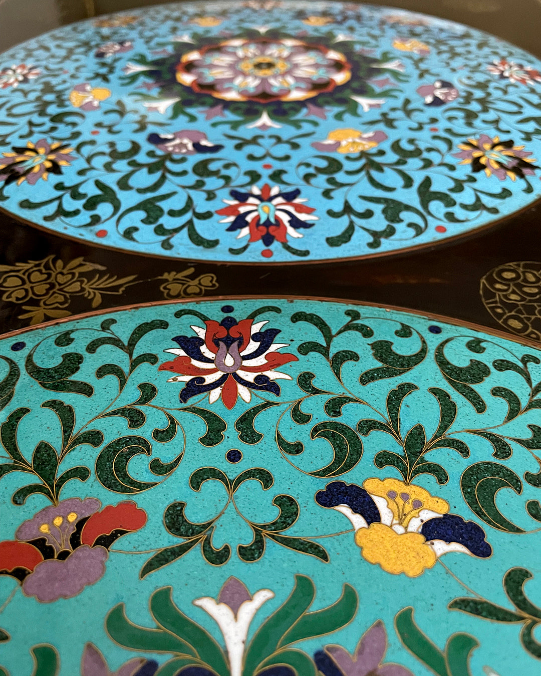 Black Lacquered Coffee Table & Inset Cloisonne Discs China 1920's ANTIQUE