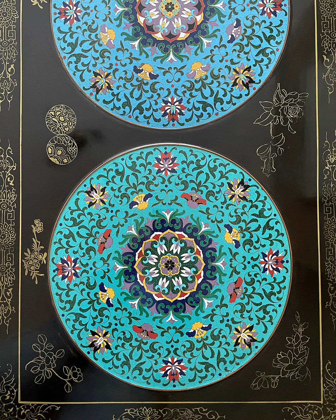 Black Lacquered Coffee Table & Inset Cloisonne Discs China 1920's ANTIQUE