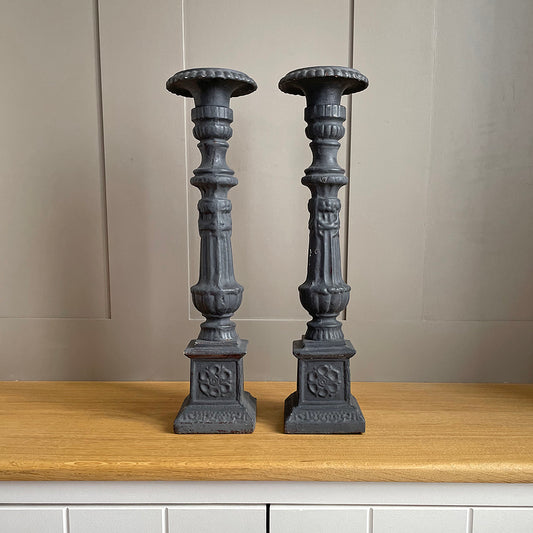 Set Of Cast Iron Garden Candlestick Holders 45cm French 1890's ANTIQUE