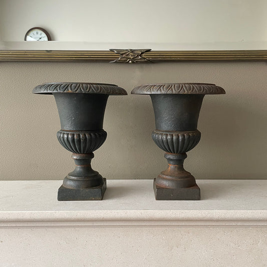 Pair Of Cast Iron Garden Urns Black 22cm VINTAGE