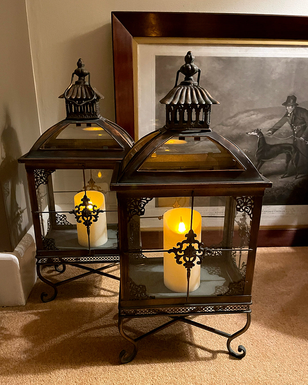 A Set Of Large Lanterns Glass & Pierced Metal Indian Style VINTAGE