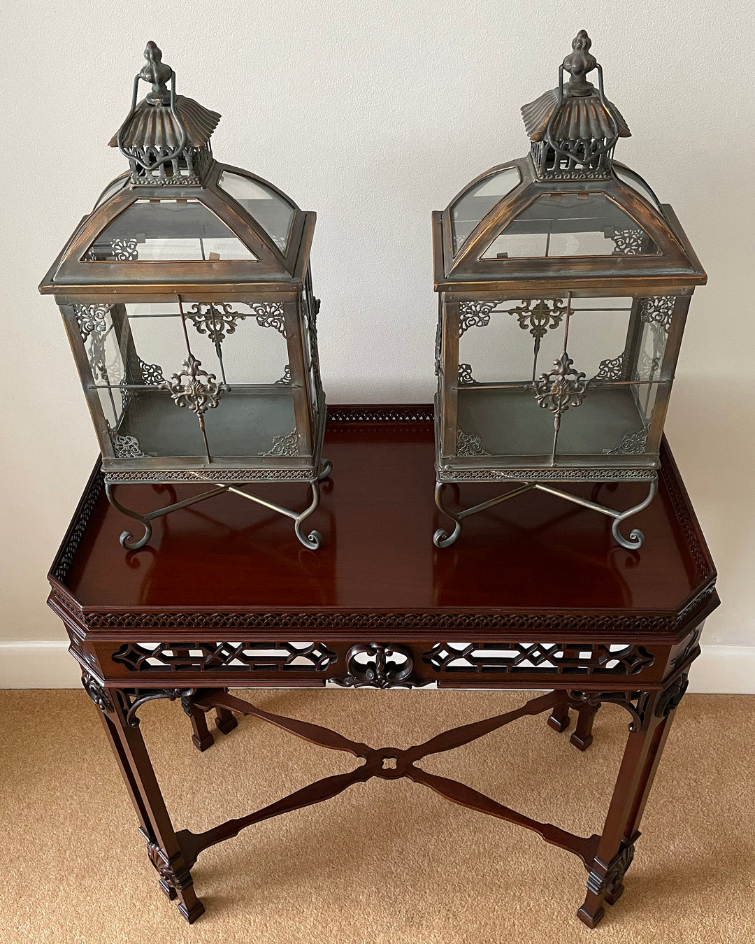 A Set Of Large Lanterns Glass & Pierced Metal Indian Style VINTAGE