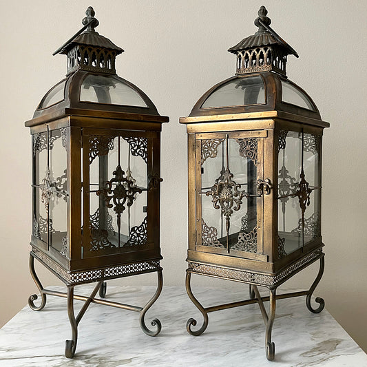 A Set Of Large Lanterns Glass & Pierced Metal Indian Style VINTAGE