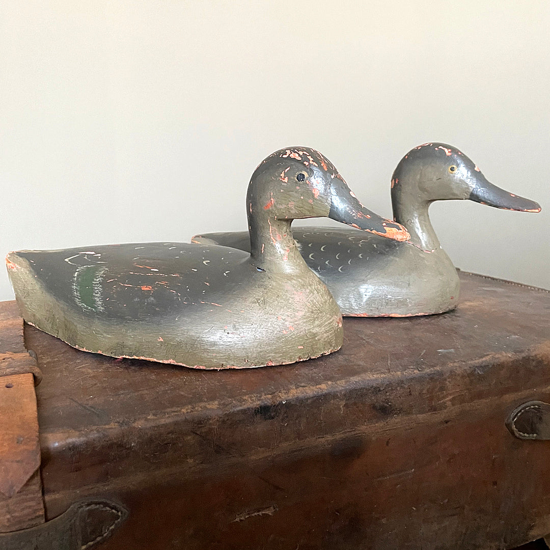 A Pair Of Wooden Decoy Ducks Carved & Hand Painted 1920's ANTIQUE
