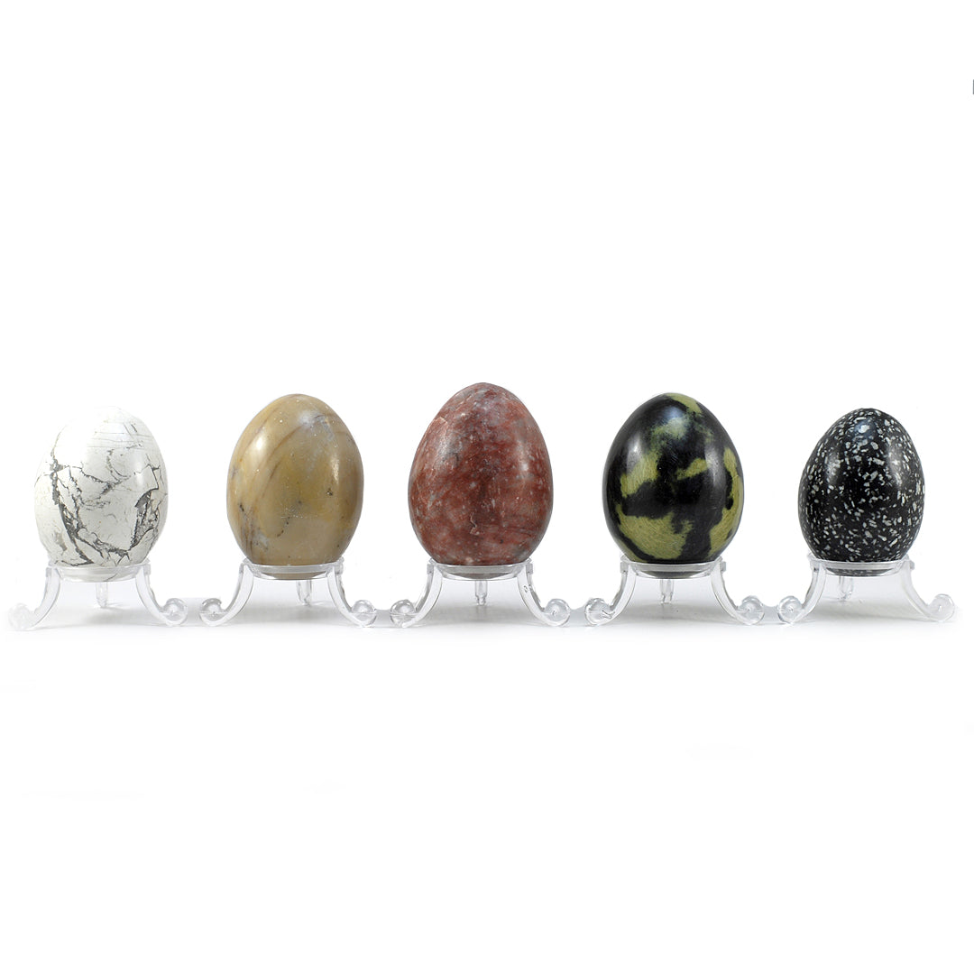 A Set of Five Semi-Precious Stone Eggs With Stands (1) COLLECTABLE