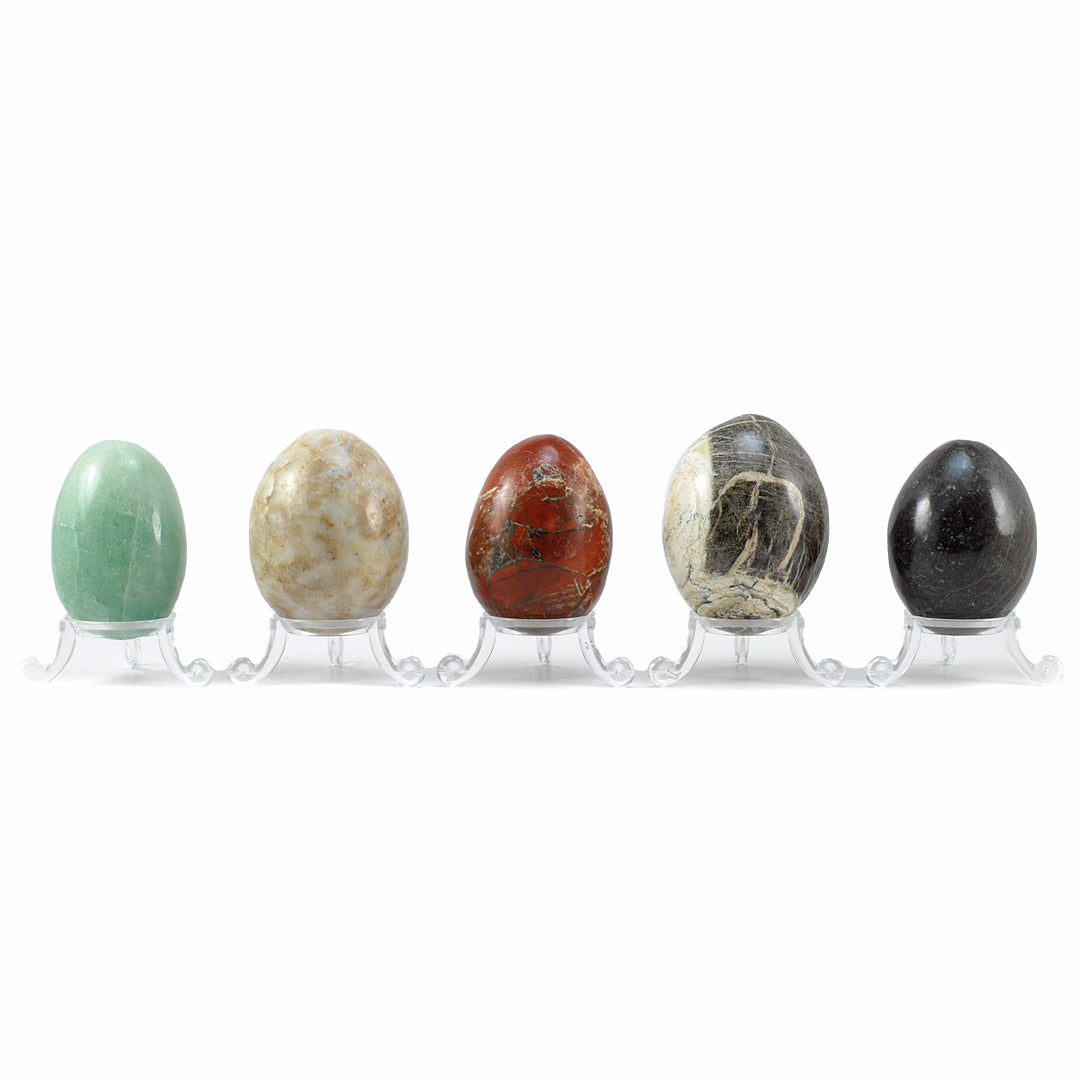 A Set of Five Semi-Precious Stone Eggs With Stands (5) COLLECTABLE