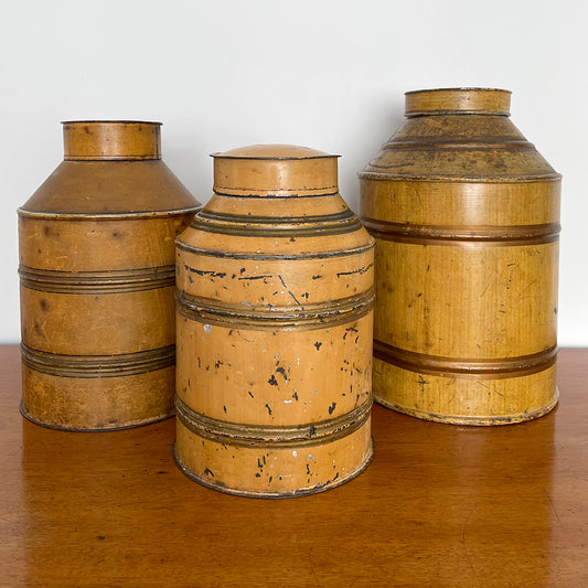Set Of Three Toleware Tea Canisters Faux Wood 19th Century ANTIQUE