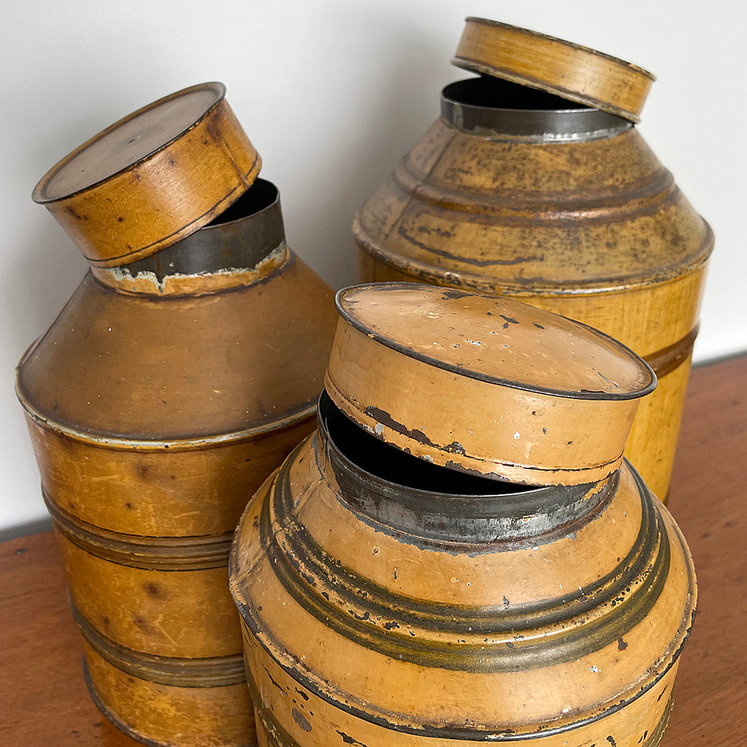 Set Of Three Toleware Tea Canisters Faux Wood 19th Century ANTIQUE