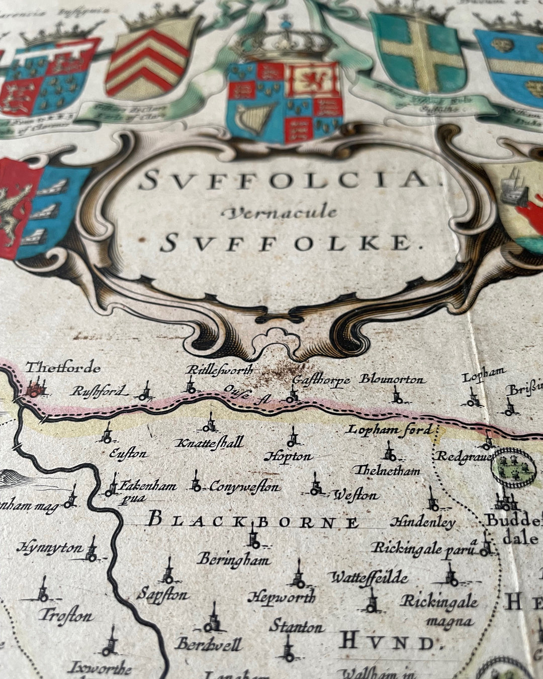 Suffolcia Vernacule Suffolke - Suffolk County Map By Joan Blaeu - 1648 Edition ANTIQUE