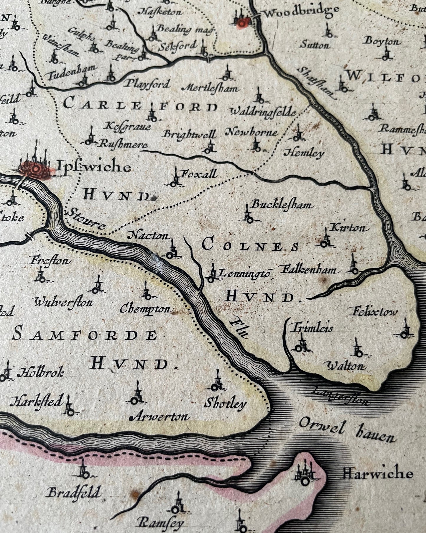 Suffolcia Vernacule Suffolke - Suffolk County Map By Joan Blaeu - 1648 Edition ANTIQUE