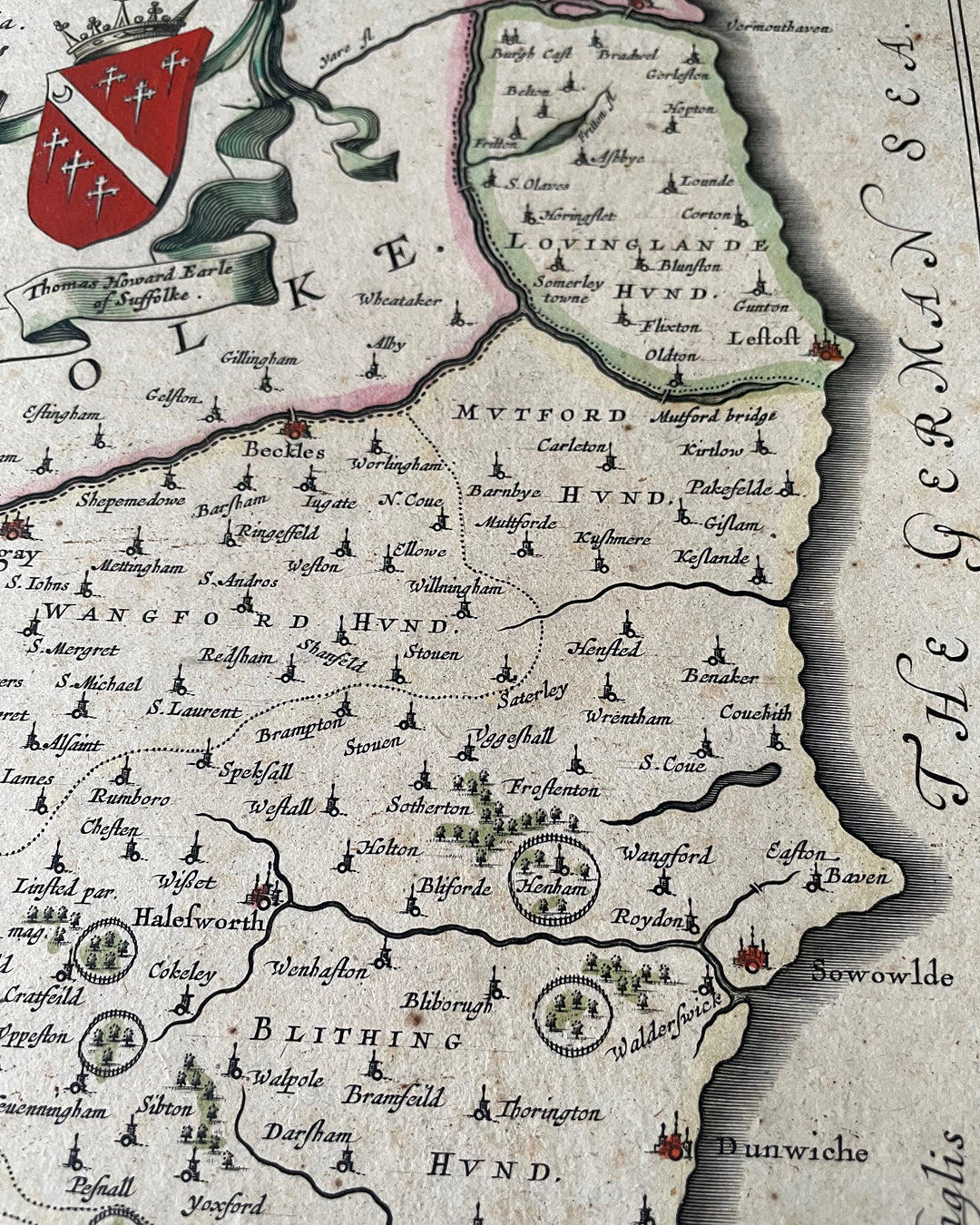 Suffolcia Vernacule Suffolke - Suffolk County Map By Joan Blaeu - 1648 Edition ANTIQUE