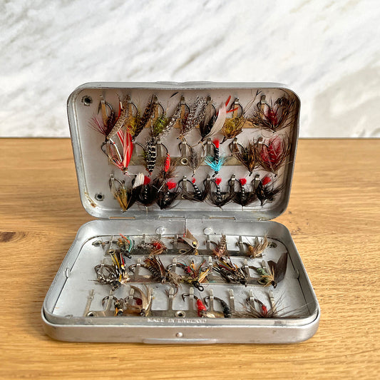 Wheatley Fly Fishing Box & Flies Aluminium 3.5 x 2.5" 1960's VINTAGE
