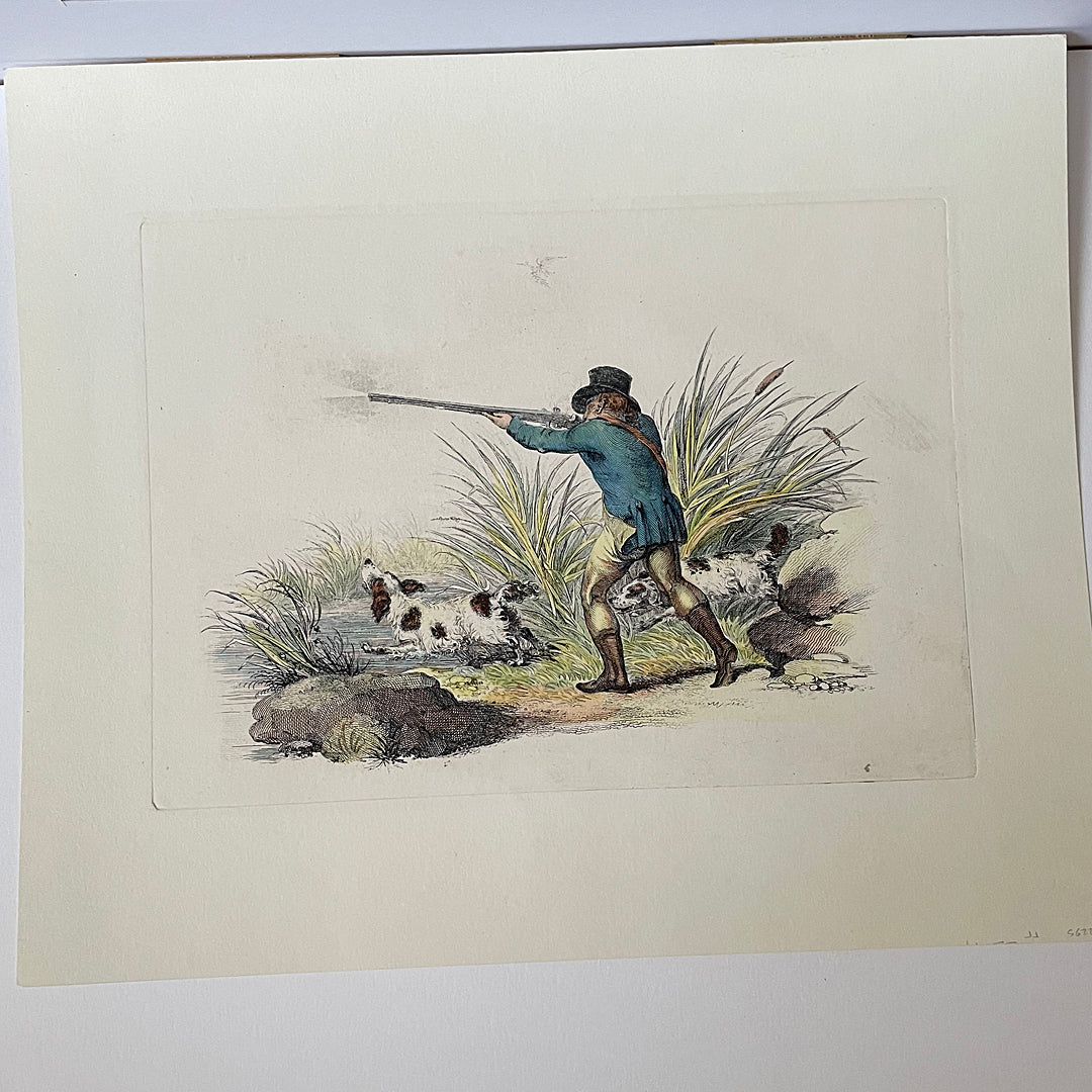 Framed Etching Shooter & Spaniels 50 x 43cm Early 19th Century ANTIQUE