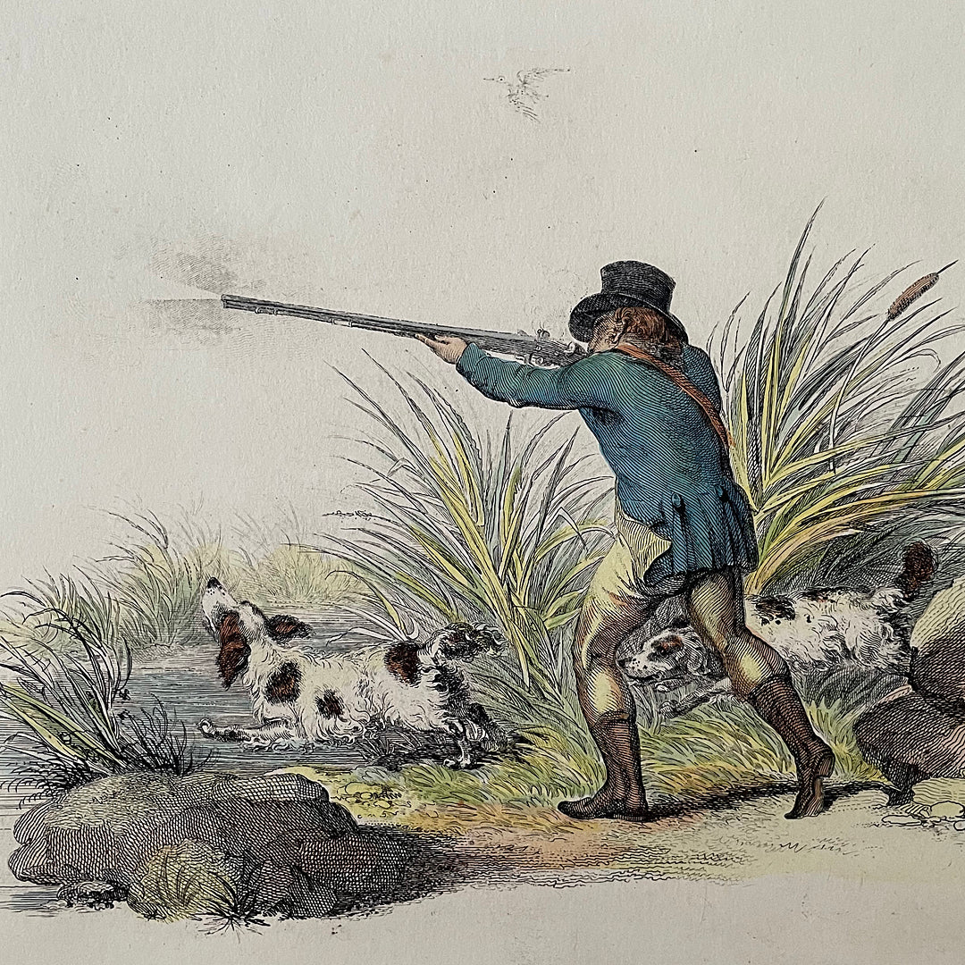 Framed Etching Shooter & Spaniels 50 x 43cm Early 19th Century ANTIQUE