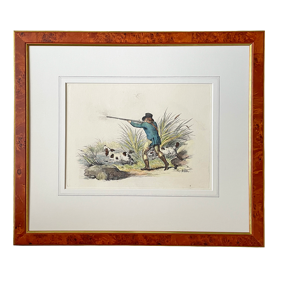 Framed Etching Shooter & Spaniels 50 x 43cm Early 19th Century ANTIQUE