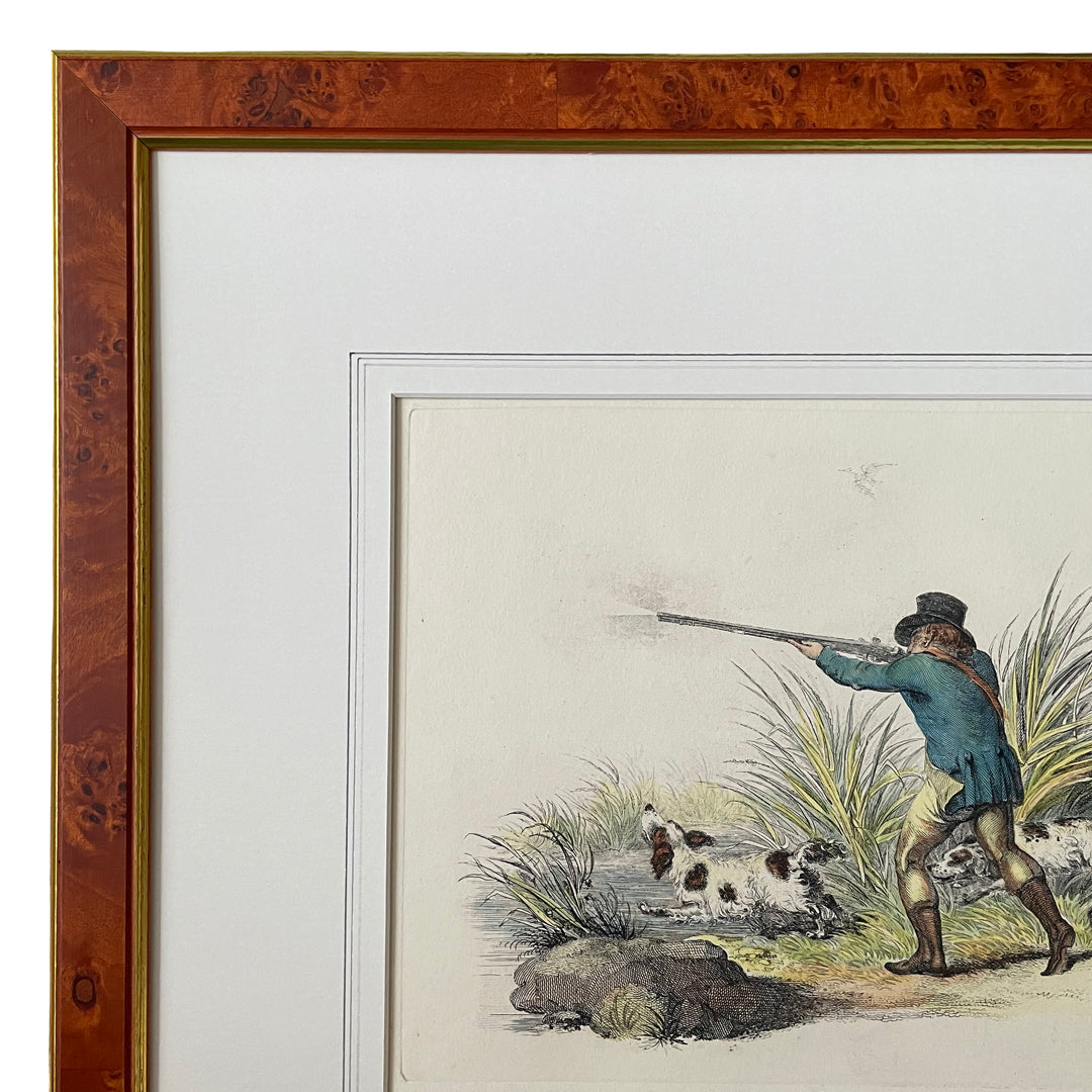 Framed Etching Shooter & Spaniels 50 x 43cm Early 19th Century ANTIQUE