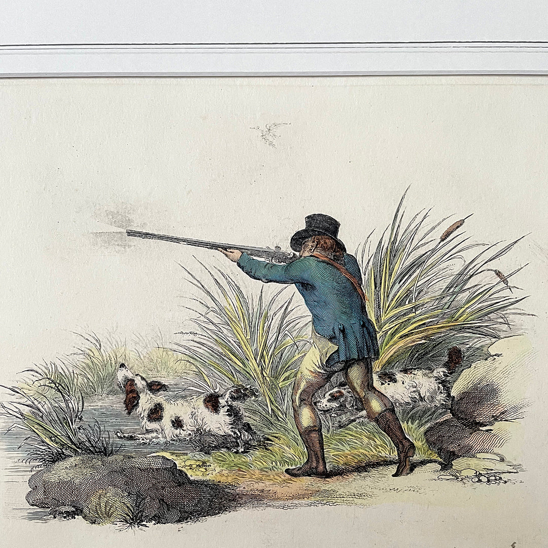 Framed Etching Shooter & Spaniels 50 x 43cm Early 19th Century ANTIQUE